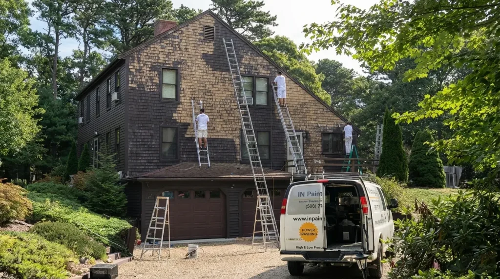 Professional exterior house painting on a residential home in Cape Cod, MA